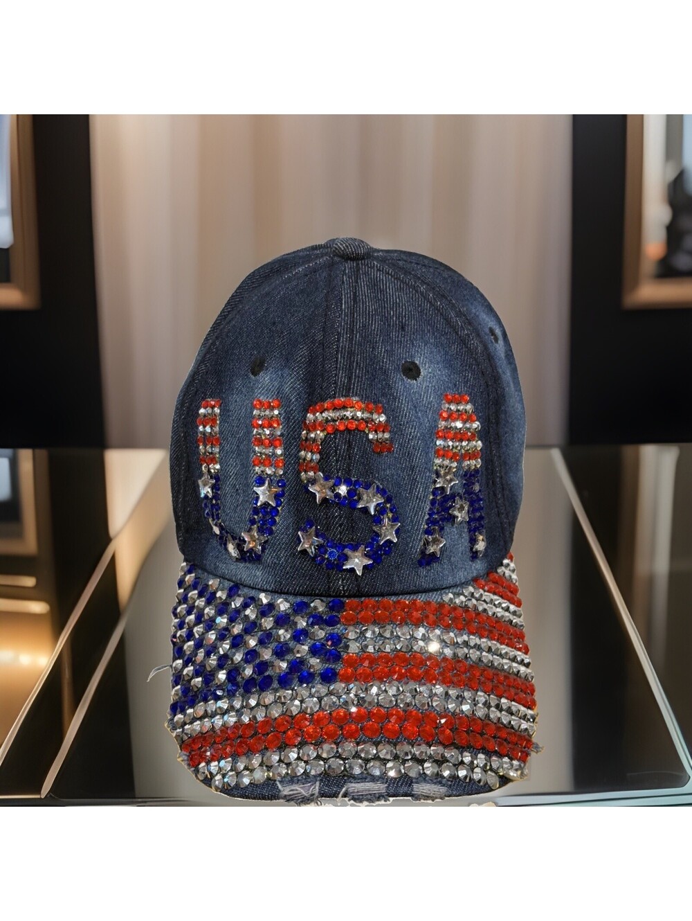 USA American Flag Spark Faux Diamond Sequined July 4th Faded Denim Baseball Cap